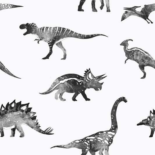 Whimsical stamped black wandering dinosaur print on white background easy to install and remove peel and stick custom wallpaper available in different lengths/sizes locally created and printed in Canada wallpaper. Washable, durable, commercial grade, removable and waterproof.
