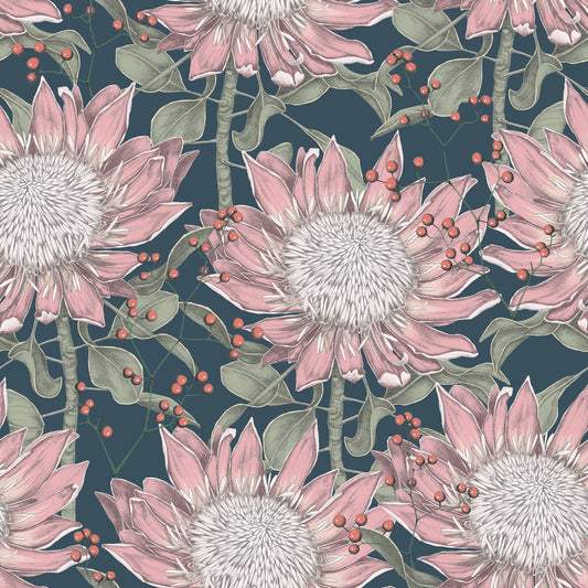Whimsical pink and green sunflower pattern wild berry design on blue background easy to install and remove peel and stick custom wallpaper available in different lengths/sizes locally created and printed in Canada wallpaper. Washable, durable, commercial grade, removable and waterproof.