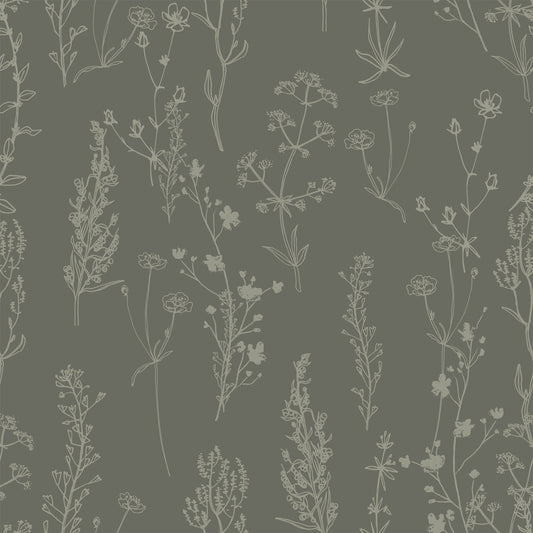 Cream foliage/wildflower design on green background easy to install and remove peel and stick custom wallpaper available in different lengths/sizes locally created and printed in Canada Artichoke wallpaper. Washable, durable, commercial grade, removable and waterproof.