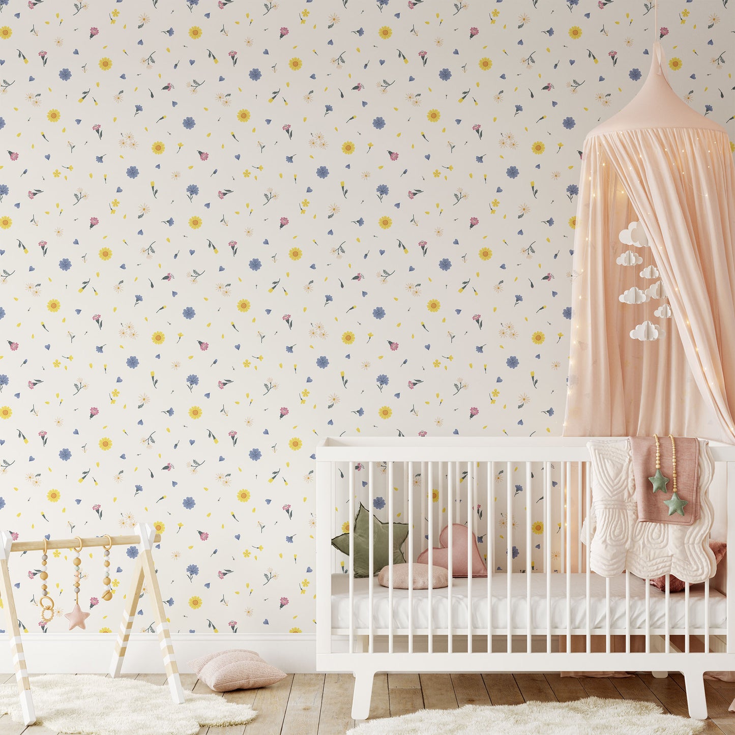 Whimsical yellow, blue and pink floral pattern on cream background easy to install and remove peel and stick custom wallpaper available in different lengths/sizes locally created and printed in Canada wallpaper. Washable, durable, commercial grade, removable and waterproof.