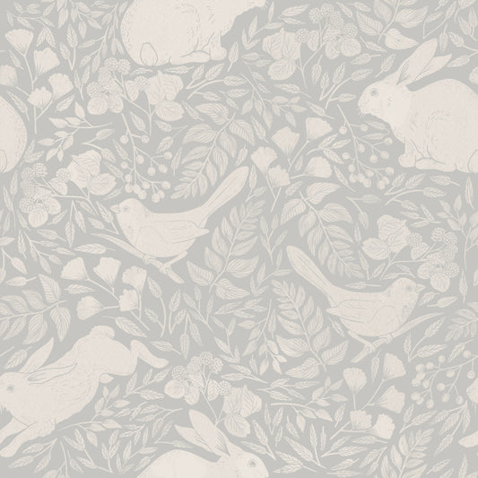 Cream bunnies, birds and flower print on light grey/gray background easy to install and remove peel and stick custom wallpaper available in different lengths/sizes locally created and printed in Canada. Removable, washable, durable, commercial grade, customizable and water proof.