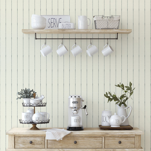 Whimsical woven stripes on cream background easy to install and remove peel and stick custom wallpaper available in different lengths/sizes locally created and printed in Canada wallpaper. Washable, durable, commercial grade, removable and waterproof.